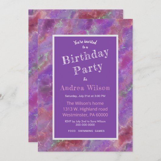 Eleganter Rosa und Lila Marmor Einladung (Vorne/Hinten)