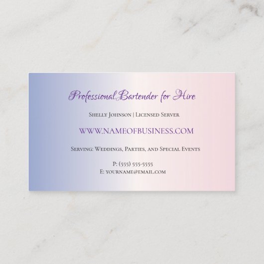 Eleganter Rosa und Lila Splash Events Barkeeper Visitenkarte (Rückseite)