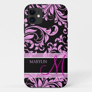 Eleganter rosa und schwarzer Damast mit Monogramm Case-Mate iPhone Hülle