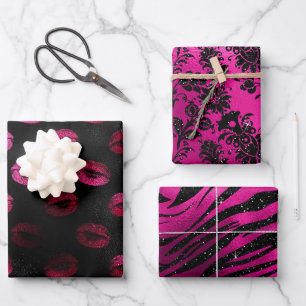 Eleganter rosa und schwarzer Glitzer Glamouröse Mu Geschenkpapier Set