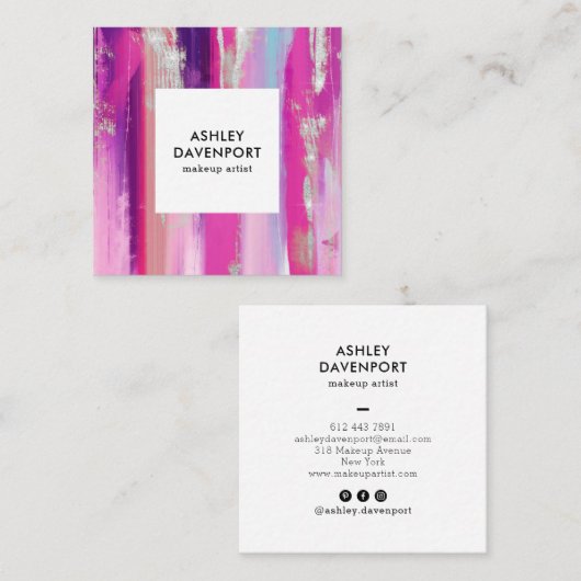 Eleganter Rosa und silberner Glitzer Pinselstrich  Quadratische Visitenkarte (Vorne/Hinten)