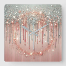 Eleganter Rosa- und Silberrosa-Glitzer Tropfen Quadratische Wanduhr