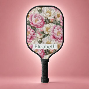 Eleganter rosa und weißer Pfingstrosen-Personalisi Pickleball Schläger