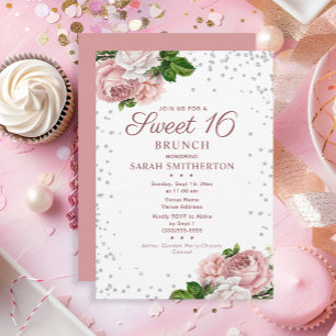 Eleganter Rosa Vintage-Blumen-Süßer-16-Brunch Einladung