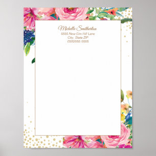Eleganter rosa Wasserfarbe-Blumen-Glitter-Briefkop Poster