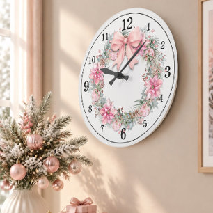 Eleganter rosa Wasserfarben-Weihnachtskranz Große Wanduhr