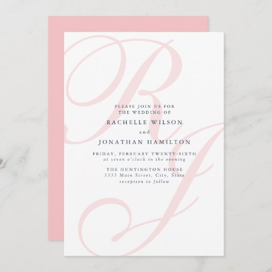 Eleganter Rosa Wedding Monogram Minimal Einladung (Vorne/Hinten)