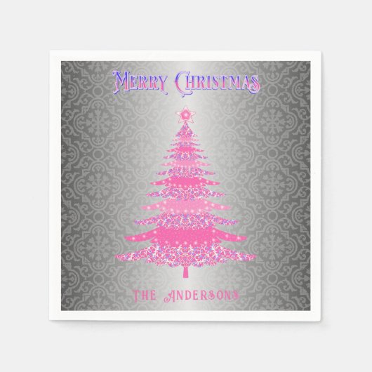 Eleganter Rosa Weihnachtsbaum Silbername Ornamente Serviette (Vorderseite)