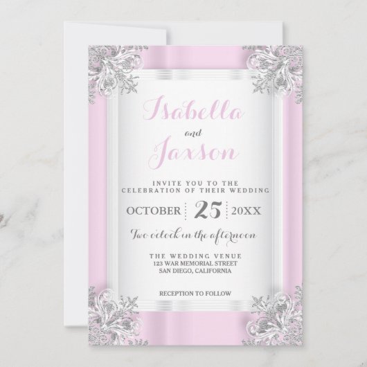Eleganter Rosa & Weiß Satin mit Verzierter Silber Einladung (Vorderseite)