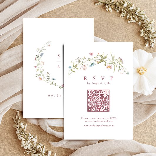 Eleganter, rosa Wildblume Rustic Boho QR-Code RSVP Karte