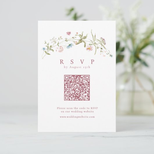 Eleganter, rosa Wildblume Rustic Boho QR-Code RSVP Karte (Stehend Vorderseite)