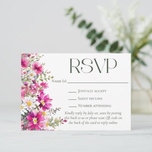 Eleganter rosa Wildblumen Blumenzwiebelcode QR-Cod RSVP Karte (Stehend Vorderseite)