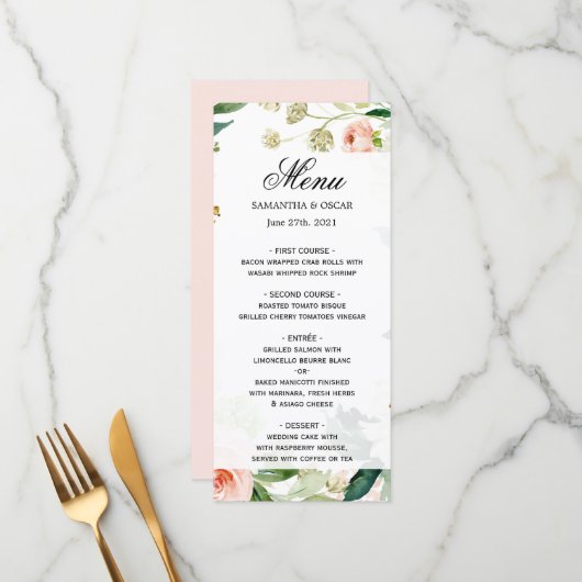 Eleganter, rosafarbener Aquarellrahmen Menükarte (Vorderseite/Rückseite Beispiel)