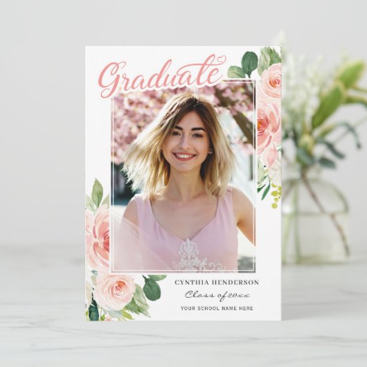 Eleganter rosafarbener Foto-Abschluss Ankündigung (Stehend Vorderseite)