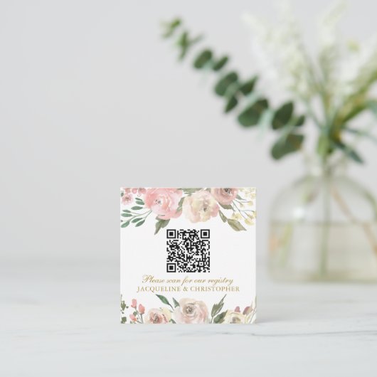 Eleganter rosafarbener Goldfloralhochzeitcode QR-C Begleitkarte (Stehend Vorderseite)
