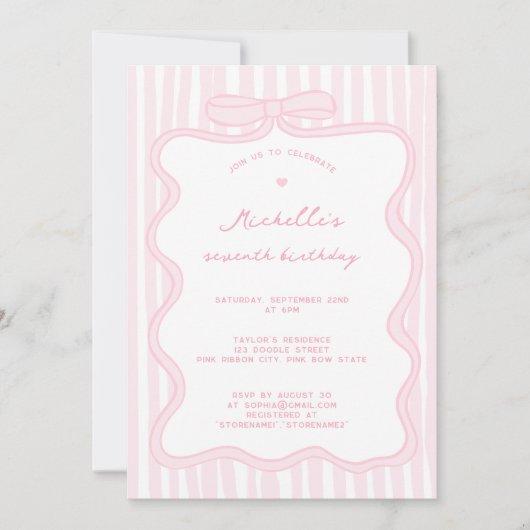 Eleganter, rosafarbener, handgezeichneter Bow jede Einladung (Vorderseite)