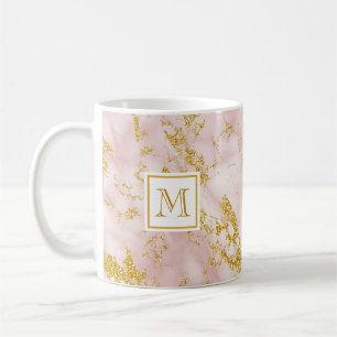 Eleganter rosafarbener Imitat Monogram Gold Glitze Kaffeetasse