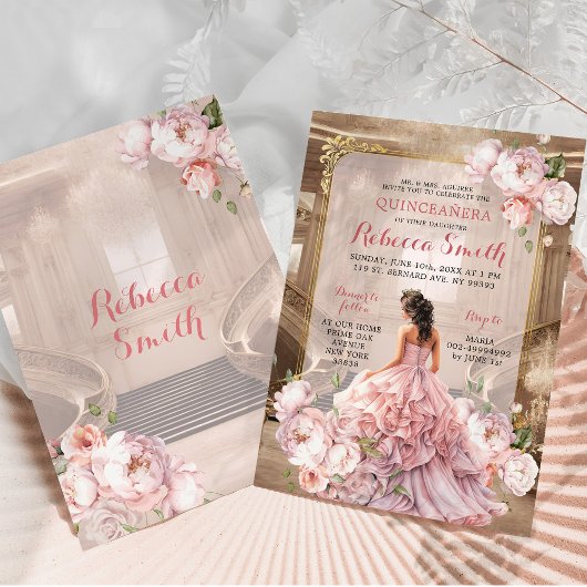 Eleganter rosafarbener königlicher Palast Quinceañ Einladung