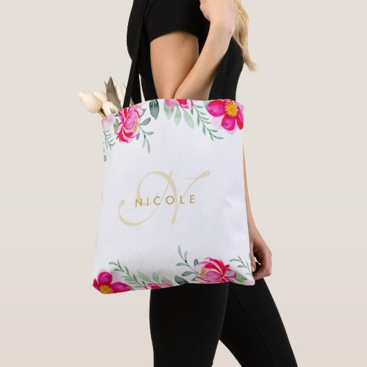 Eleganter rosafarbener Name der Floral Monogramm Tasche (Von Nahem)