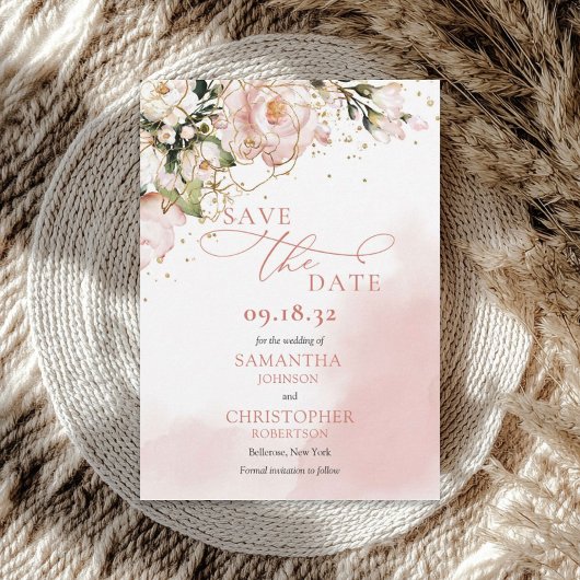 Eleganter, rosafarbener, rosa Rosen, goldfarbener Save The Date