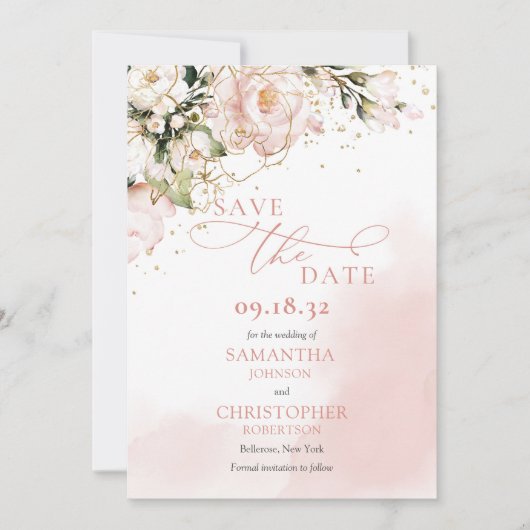 Eleganter, rosafarbener, rosa Rosen, goldfarbener Save The Date (Vorderseite)