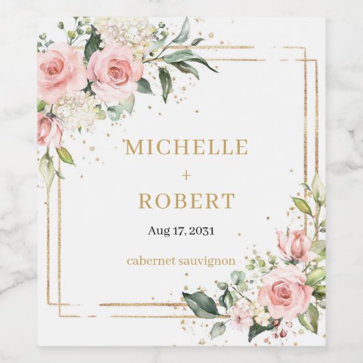 Eleganter, rosafarbener, rosa Rosen, goldfarbener Weinetikett (Einzelnes Label)