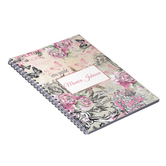 Eleganter rosafarbener Schwarzer Blumenkronen Eiff Notizblock (Rechte Seite)