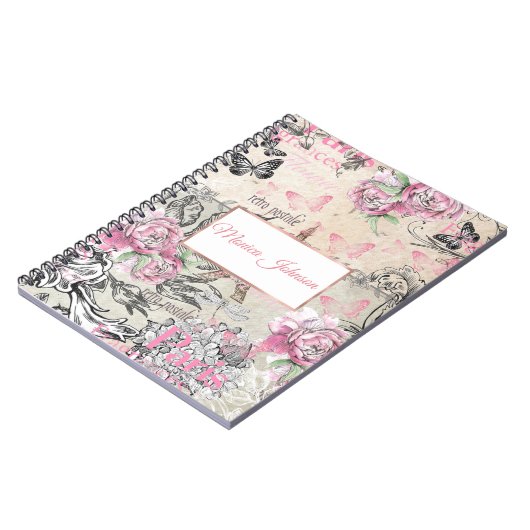 Eleganter rosafarbener Schwarzer Blumenkronen Eiff Notizblock (Linke Seite)