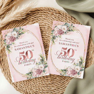 Eleganter Rosé-Blüten-Grün-Dank zum 50. Geburtstag Dankeskarte