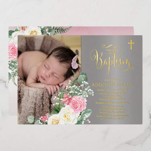 Eleganter Rose Garden - Girl Foto Taufe - Gold Folieneinladung (Vorderseite/Rückseite)