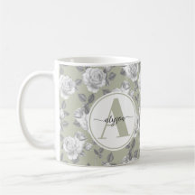 Eleganter Rose Garden in Sage Green Monogram Tasse