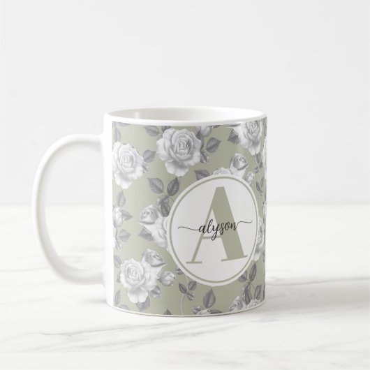 Eleganter Rose Garden in Sage Green Monogram Tasse (Links)