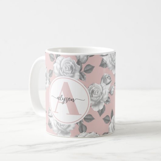 Eleganter Rose Garten in rosa Monogramm Tasse (Vorderseite Links)