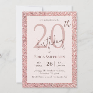 Eleganter Rose Gold Glitzer modern 20. Geburtstag Einladung