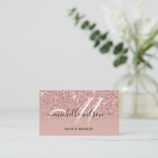 Eleganter Rose Gold Glitzer Monogram Beauty Salon Visitenkarte (Stehend Vorderseite)