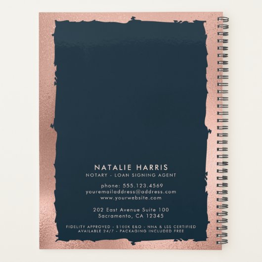 Eleganter Rose Gold & Navy Notary Loan Agent Planer (Rückseite)