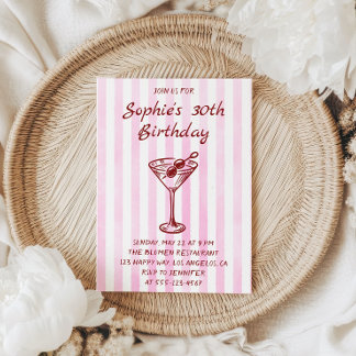 Eleganter roségestreifter Martini 30. Geburtstag Einladung