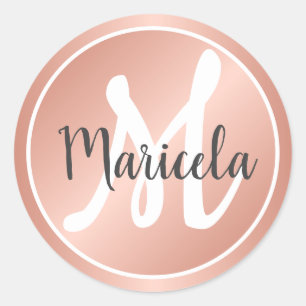 Eleganter Roségold-Pastellrosa-Monogramm-Name  Runder Aufkleber