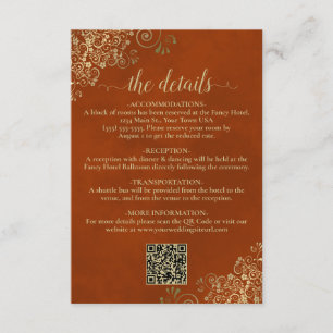 Eleganter Rost Orange & Gold Wedding QR Code Detai Begleitkarte