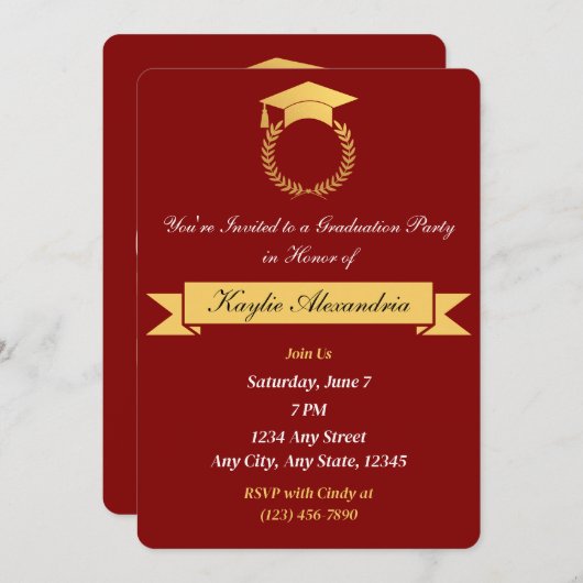 Eleganter Rot & Gold Abschluss Einladung (Vorne/Hinten)