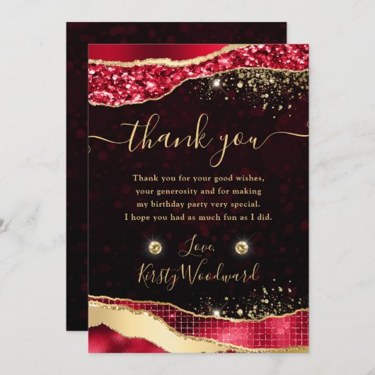 Eleganter Rot & Gold Glitzer Glam Tränen Geburtsta Dankeskarte (Vorne/Hinten)