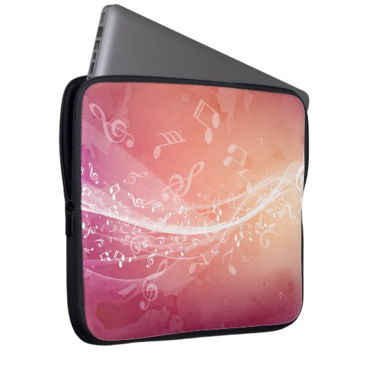 Eleganter Rot-Orange-Musiknoten Hintergrund Laptopschutzhülle (Vorne Rechts)