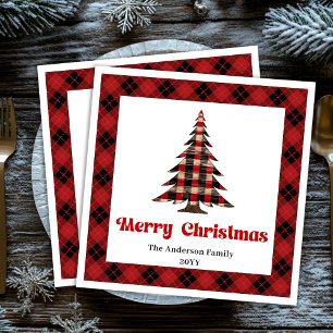 Eleganter Rot-Schwarzer Tartan-Weihnachtsbaum Serv Serviette