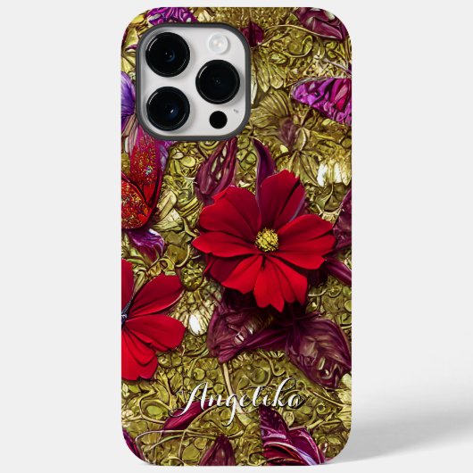Eleganter Rot- und Gold-Blume Personalisierter Nam Case-Mate iPhone Hülle (Rückseite)