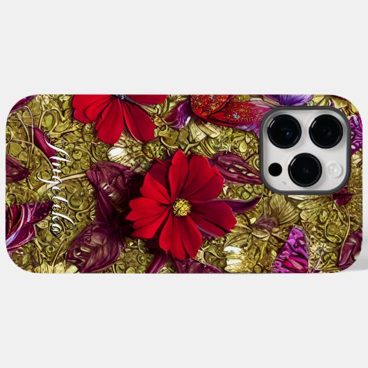 Eleganter Rot- und Gold-Blume Personalisierter Nam Case-Mate iPhone Hülle (Rückseite (Horizontal))