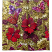 Eleganter Rot- und Gold-Blume Personalisierter Nam Duschvorhang (Vorderseite)