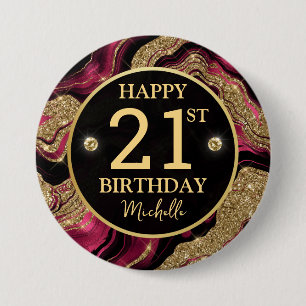 Eleganter Rot- und Gold-Glitzer Agate Birthday Button