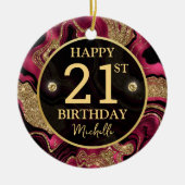 Eleganter Rot- und Gold-Glitzer Agate Birthday Keramik Ornament (Vorne)