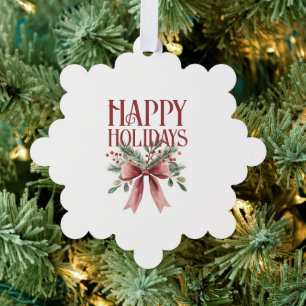 Eleganter Rot und Grüner Bow Holly Happy Holidays Ornament Karte