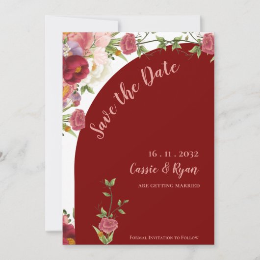 Eleganter Rot- und Pfirsichblumenbogen Save the Da (Vorderseite)